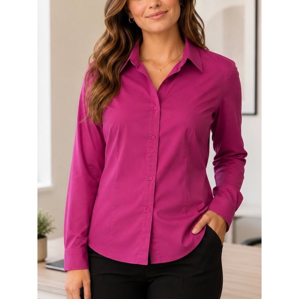 Express Womens Button Down Shirt Magenta Pink 14 Stretch Long Sleeve Office Work
